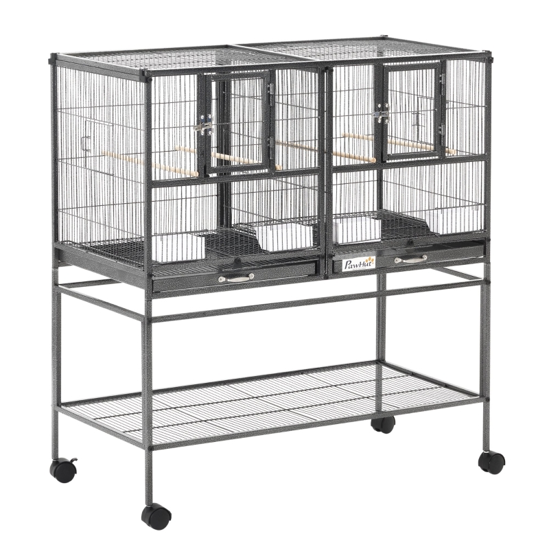 PawHut Wide Large Metal Bird Cage for Finch Canaries Parakeets Cockatiels with Rolling Stand, Removable Metal Tray, Storage Shelf, Wood Perch