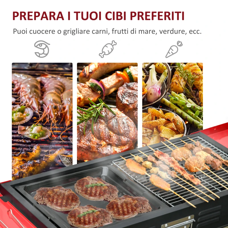 Outsunny Barbecue a Carbonella Portatile ad Altezza regolabile con Griglia e Teglia, 120x31x60-70 cm, Nero e Rosso