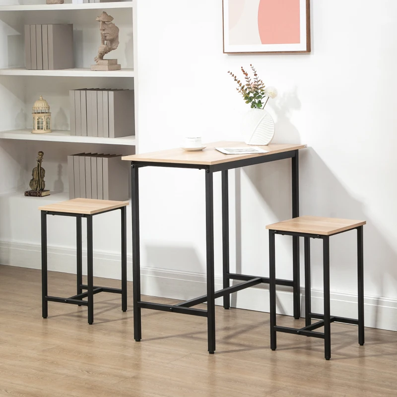 HOMCOM Bar Table Set in Industrial Design, 3-Piece, 1 Table, 2 Stools, Black + Natural