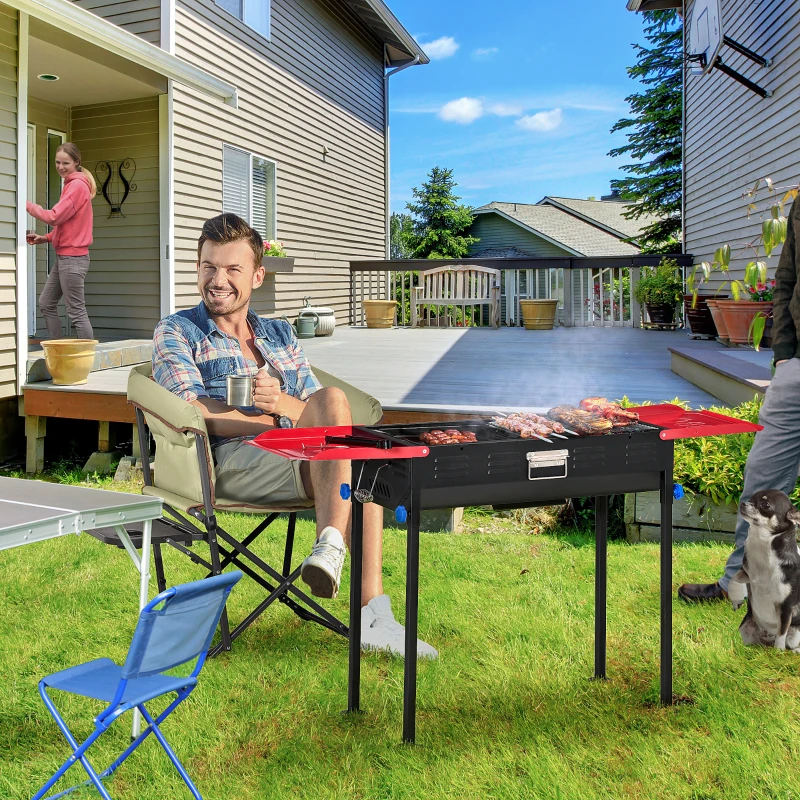 Outsunny Barbecue a Carbonella Portatile ad Altezza regolabile con Griglia e Teglia, 120x31x60-70 cm, Nero e Rosso