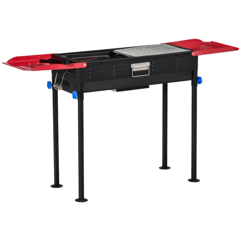 Outsunny Barbecue a Carbonella Portatile ad Altezza regolabile con Griglia e Teglia, 120x31x60-70 cm, Nero e Rosso