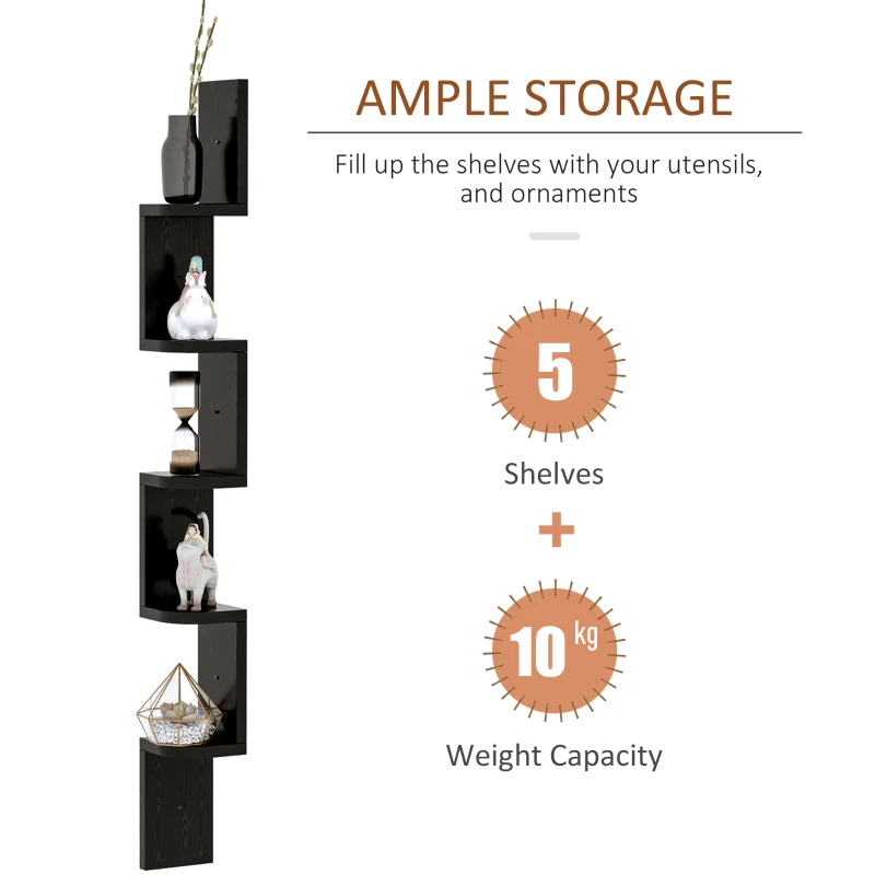 HOMCOM Wooden 5-tier Corner Shelf Wall Mount Zig Zag Floating Display Rack Bookcase Hanging CD/DVD Storage Home Furniture (Black)