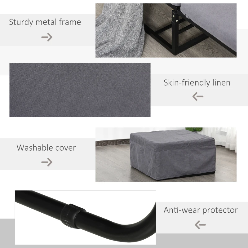 HOMCOM 2 In 1 Folding Sofa Bed Home Lounge Cot Guest Stool w/ Thick Padded Sponge Grey Removable and washable