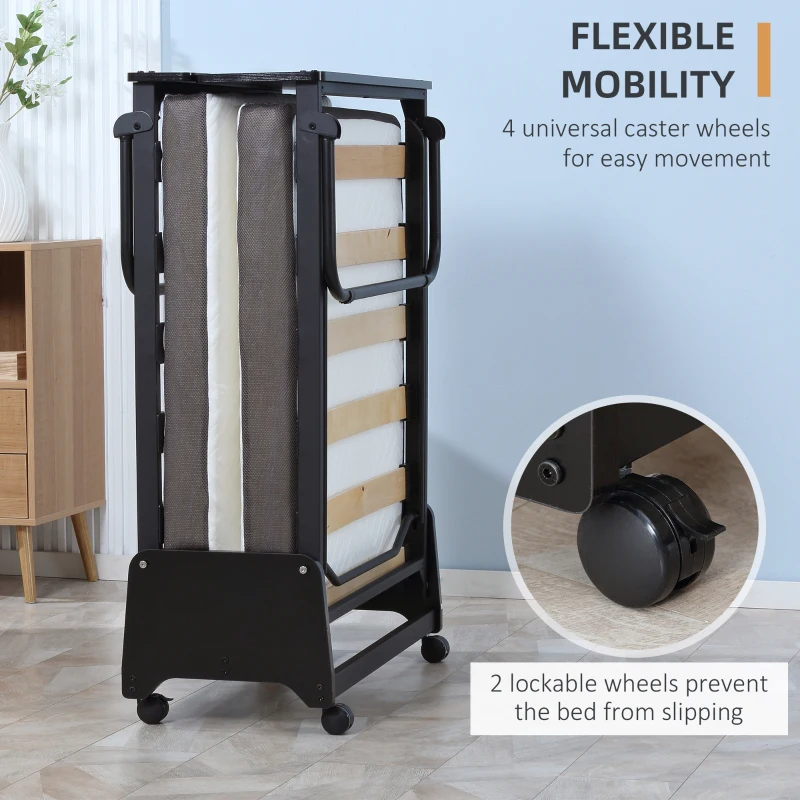 HOMCOM Folding Bed with 10cm Mattress, Portable Foldable Guest Bed with Memory Foam, Steel Frame on Wheels