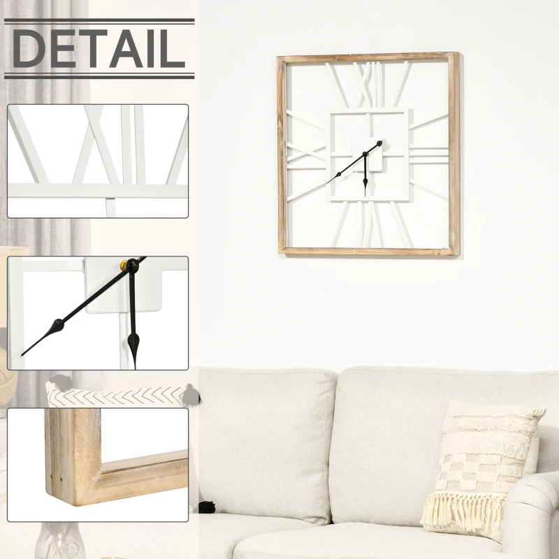 HOMCOM Vintage Large Wall Clock with Roman Numerals, 60cm/24 Inch Silent Non Ticking Metal Wood Clocks for Living Room Kitchen Bedroom, Distressed White