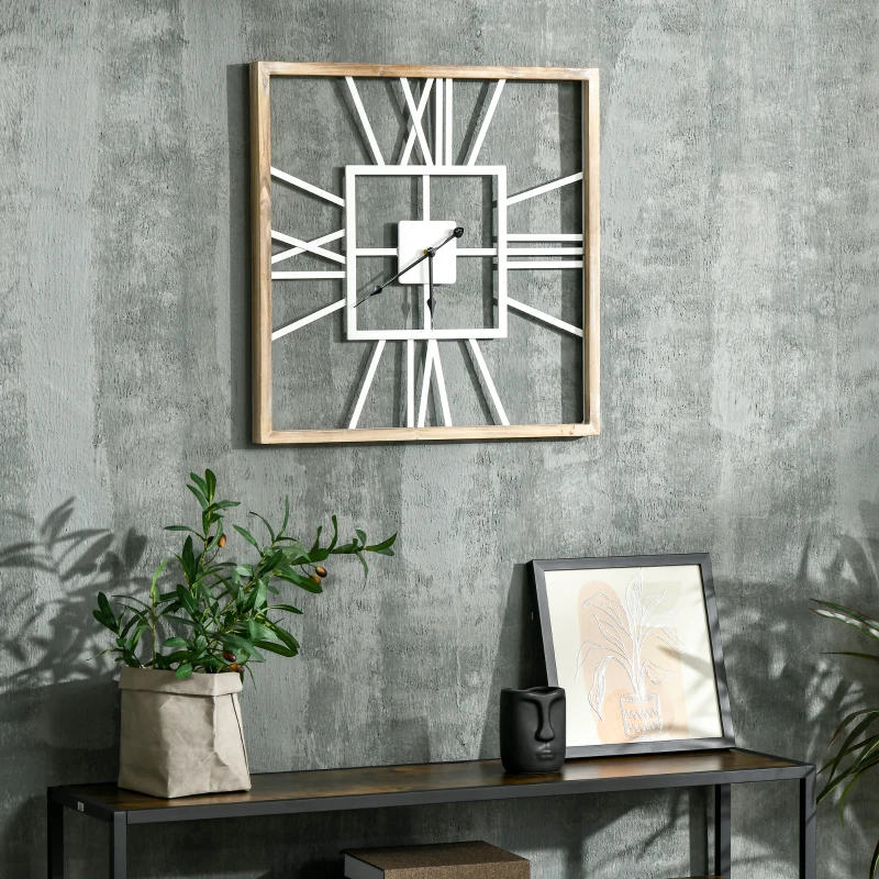 HOMCOM Vintage Large Wall Clock with Roman Numerals, 60cm/24 Inch Silent Non Ticking Metal Wood Clocks for Living Room Kitchen Bedroom, Distressed White