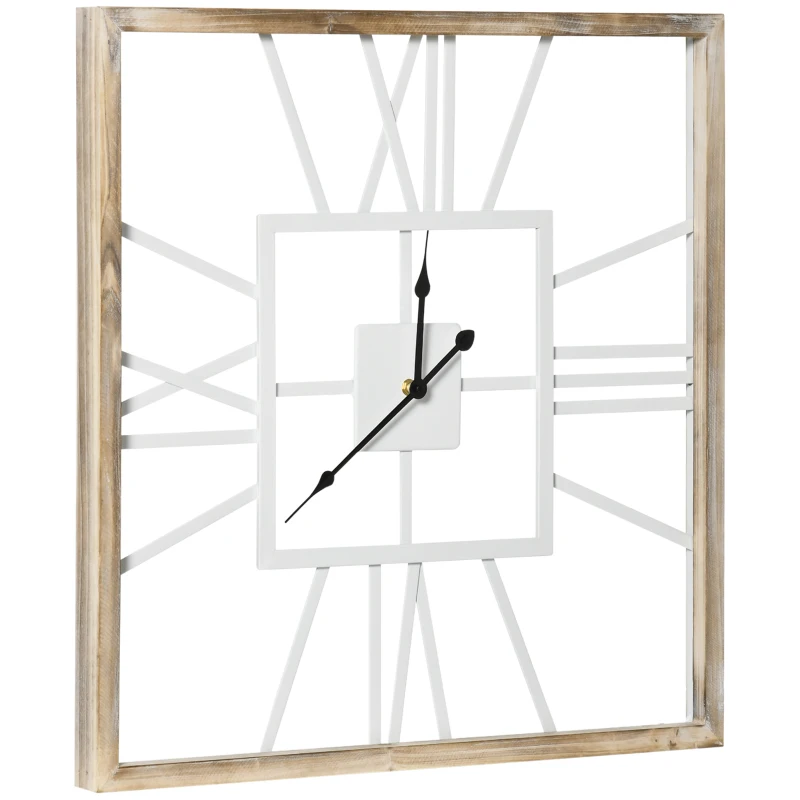 HOMCOM Vintage Large Wall Clock with Roman Numerals, 60cm/24 Inch Silent Non Ticking Metal Wood Clocks for Living Room Kitchen Bedroom, Distressed White