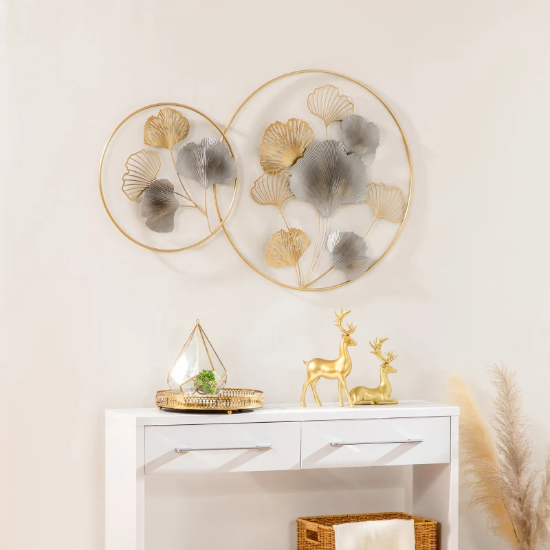 HOMCOM 3D Metal Wall Art Modern Ginkgo Leaves Hanging Wall Sculptures Home Decor for Living Room Bedroom Dining Room, Gold