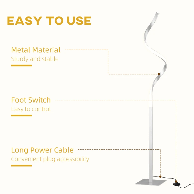HOMCOM Dimmable Floor Lamp for Living Room, Modern Spiral Standing Lamp with 3 Adjustable Brightness and Square Base, Silver