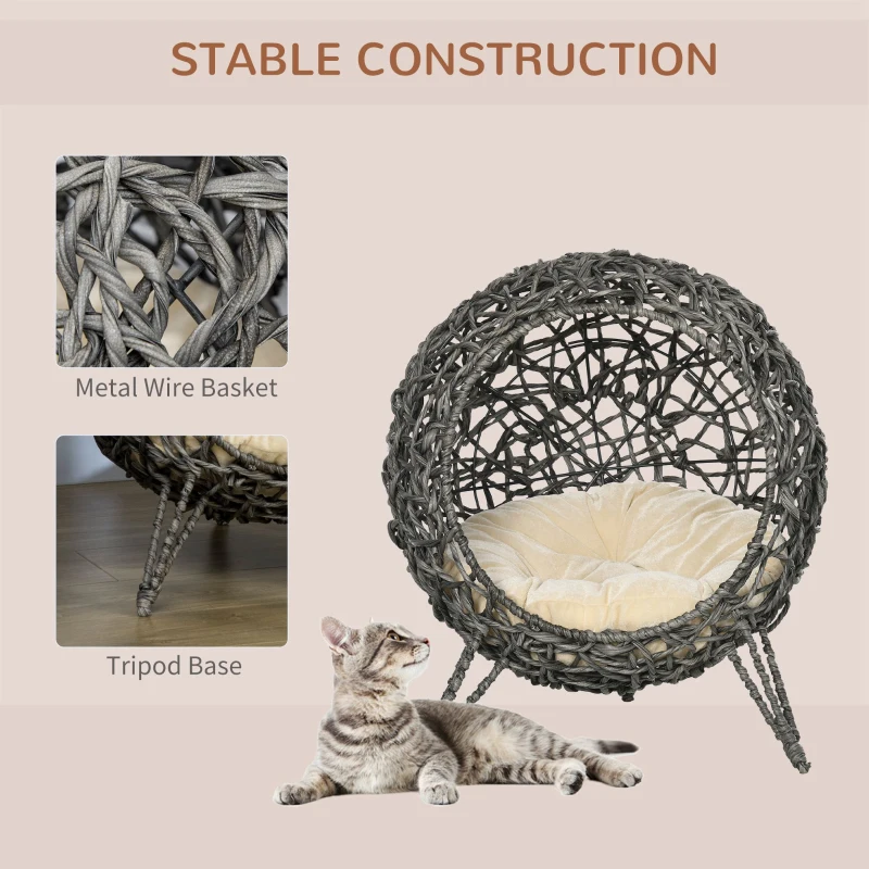 Pawhut Woven Rattan Elevated Cat Bed House Kitten Pussy Basket Ball Shaped Pet Furniture w/ Removable Cushion Natural 52 x 52 x 58 cm, Silver Grey