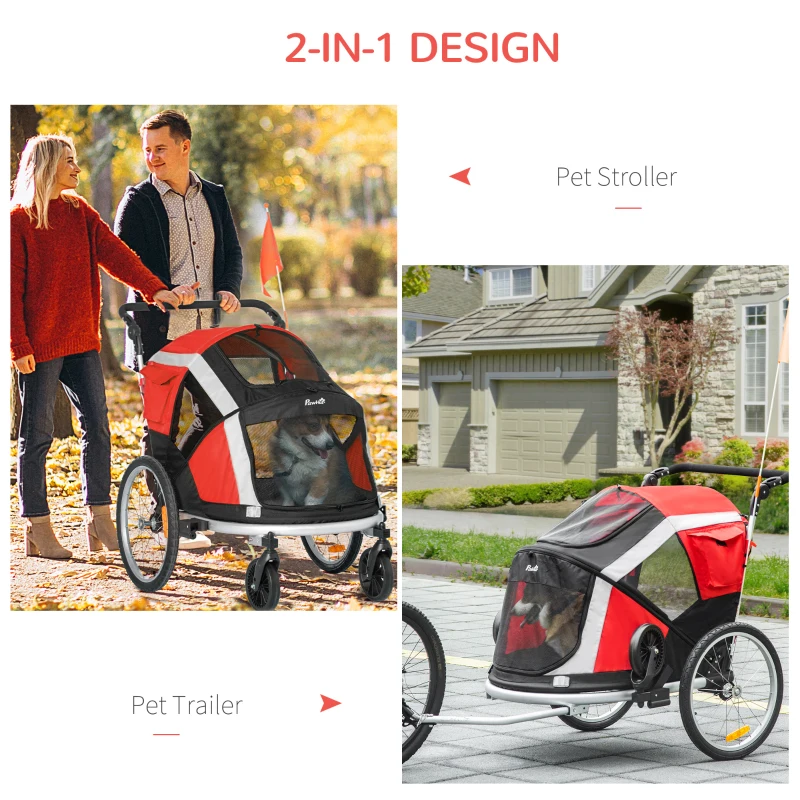 PawHut Dog Bike Trailer 2-in-1 Pet Stroller for Large Dogs Cart Foldable Bicycle Carrier Aluminium Frame with Safety Leash Hitch Coupler Reflector Flag Red