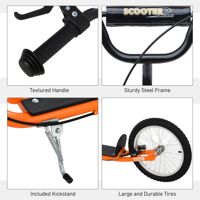 HOMCOM Youth Kids Kick Scooter Adjustable Handlebar Teens Ride On Toy For 5+ w/ Front and Rear Dual Brakes Inflatable Wheels-Orange
