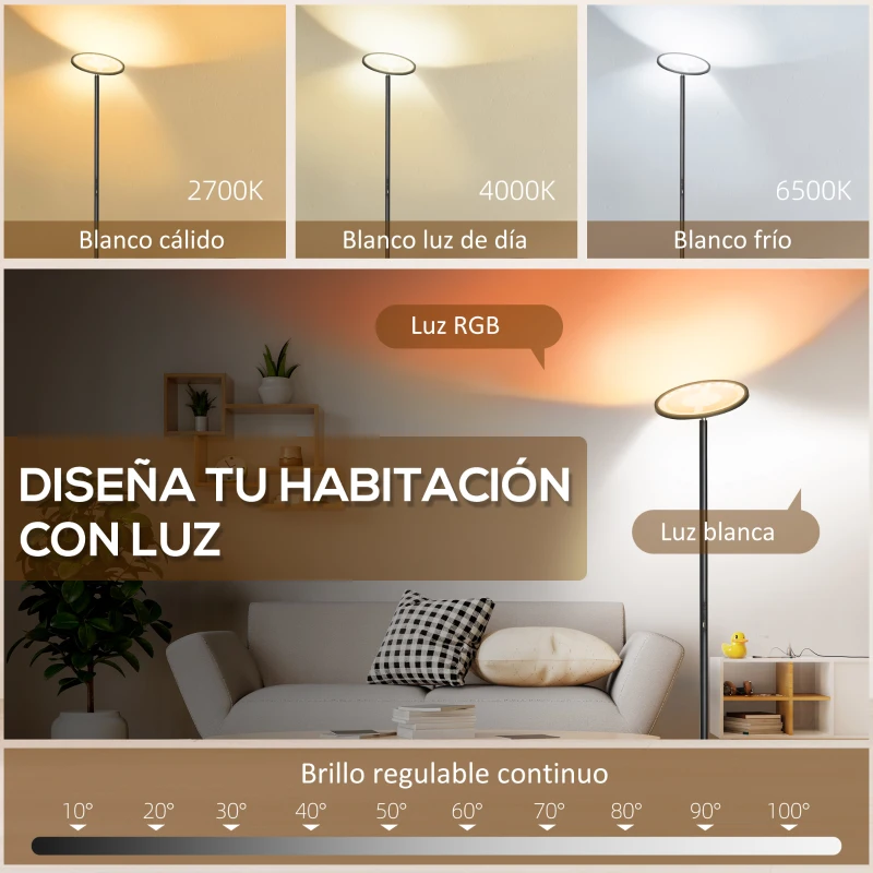 HOMCOM Lámpara de Pie Inteligente WiFi Lámpara Moderna con LED Regulable RGB 25W para Salón Ø25x168 cm Negro