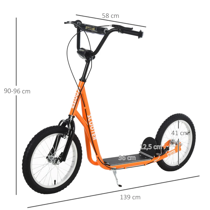 HOMCOM Youth Kids Kick Scooter Adjustable Handlebar Teens Ride On Toy For 5+ w/ Front and Rear Dual Brakes Inflatable Wheels-Orange