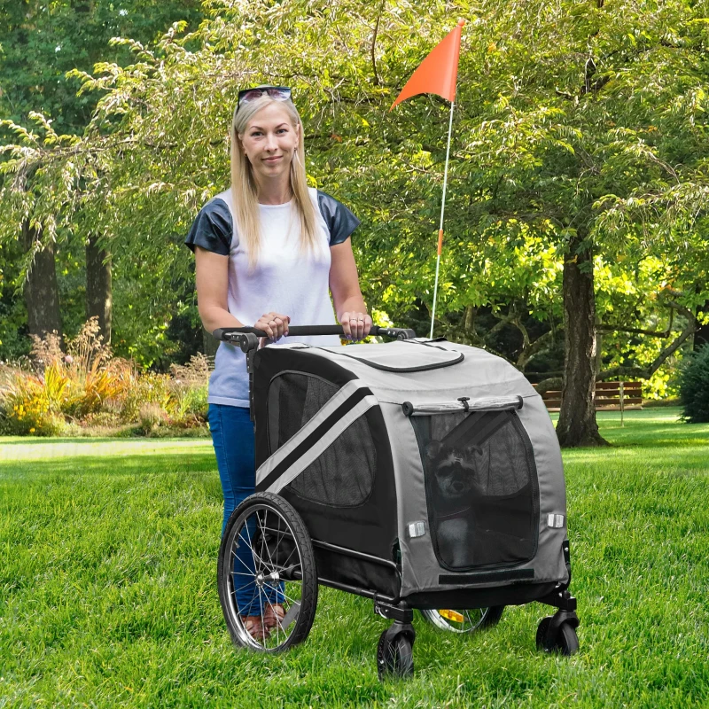 PawHut 2-In-1 Pet Bike Trailer Dog Stroller Pushchair with Universal Wheel Reflector Flag Grey