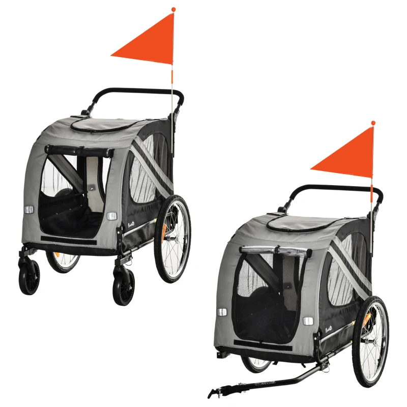 PawHut 2-In-1 Pet Bike Trailer Dog Stroller Pushchair with Universal Wheel Reflector Flag Grey