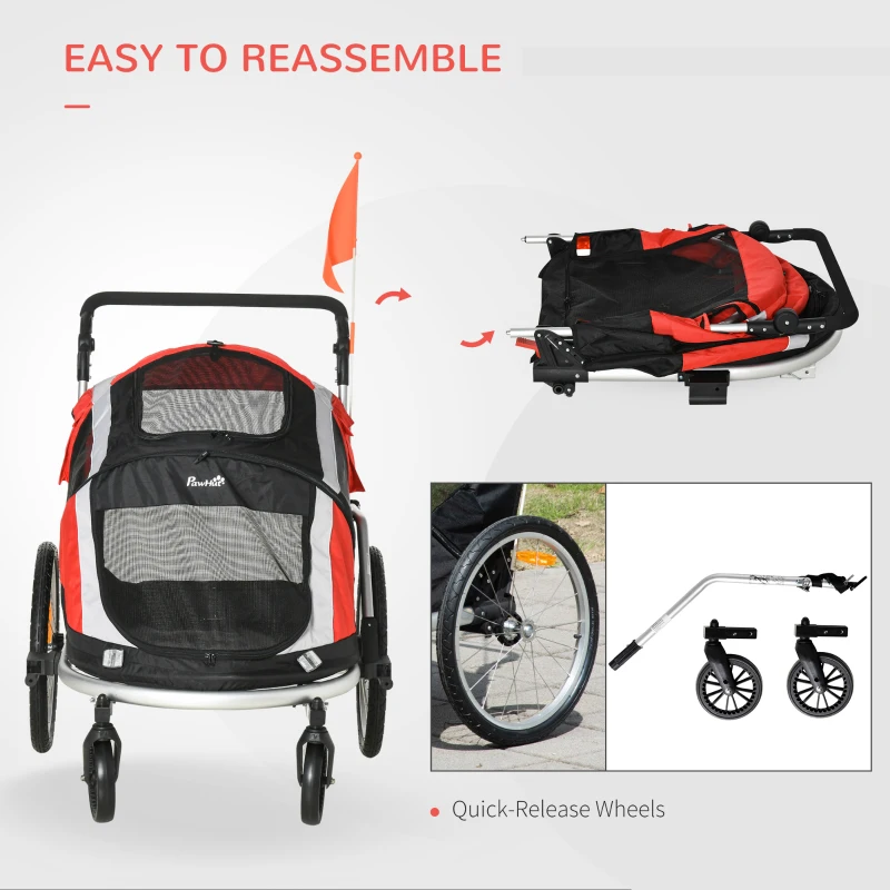 PawHut Dog Bike Trailer 2-in-1 Pet Stroller for Large Dogs Cart Foldable Bicycle Carrier Aluminium Frame with Safety Leash Hitch Coupler Reflector Flag Red