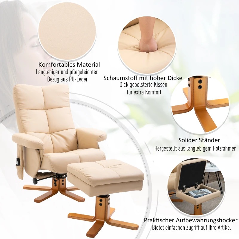 HOMCOM Relaxsessel Massagesessel mit Fußhocker Stauraum Liegefunktion Fernsehsessel mit Massagefunktion TV Sessel 145°-Neigung Polyester Creme 80 x 86 x 99 cm