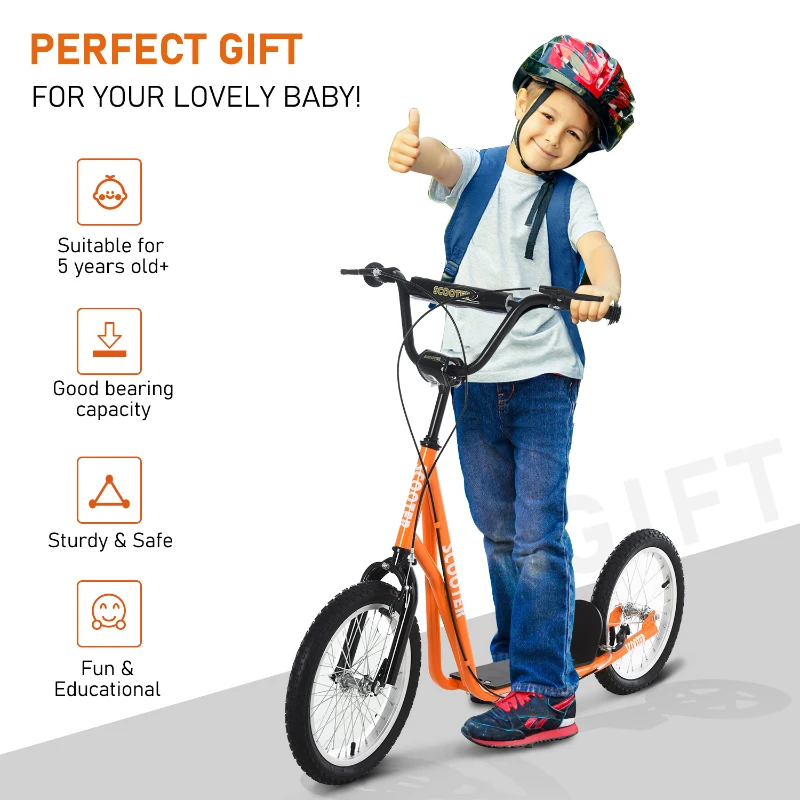 HOMCOM Youth Kids Kick Scooter Adjustable Handlebar Teens Ride On Toy For 5+ w/ Front and Rear Dual Brakes Inflatable Wheels-Orange