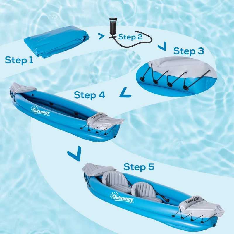 Outsunny Inflatable Kayak 2-Person Inflatable Canoe Boat Set with Air Pump, Aluminium Oars, Blue, 330 x 105 x 50 cm
