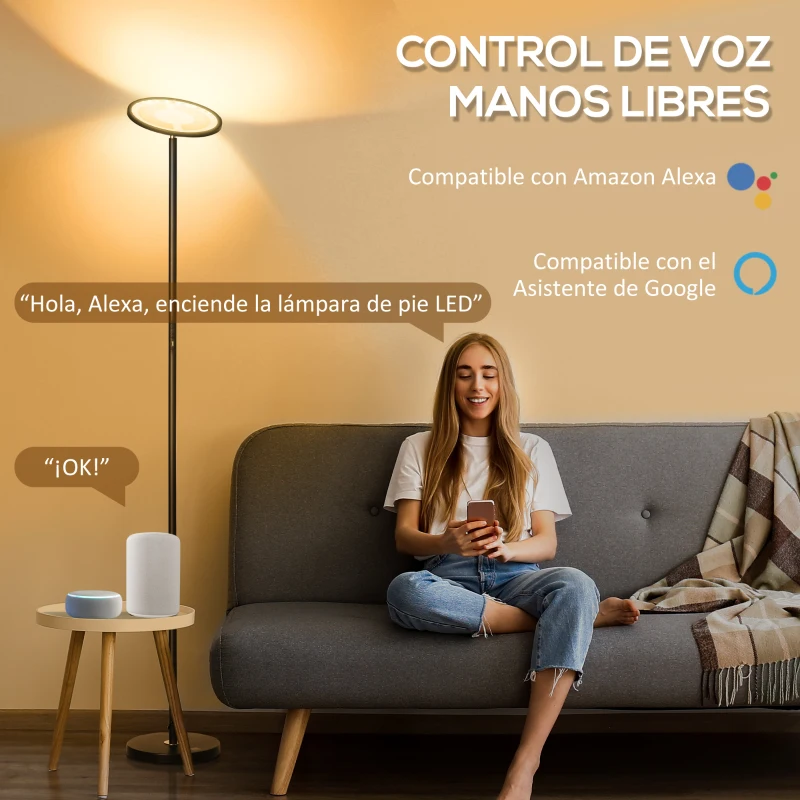 HOMCOM Lámpara de Pie Inteligente WiFi Lámpara Moderna con LED Regulable RGB 25W para Salón Ø25x168 cm Negro