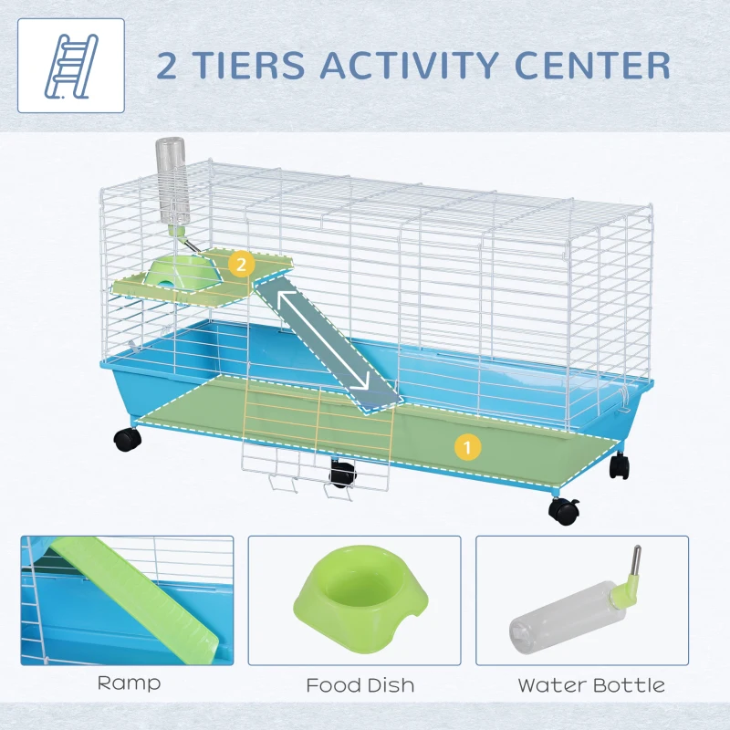 PawHut Cusca pentru Rozitori in Otel Vopsit cu Roti Albastru si Alb 100 x 43 x 53 cm