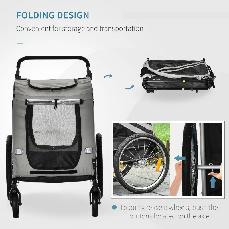 PawHut 2-In-1 Pet Bike Trailer Dog Stroller Pushchair with Universal Wheel Reflector Flag Grey