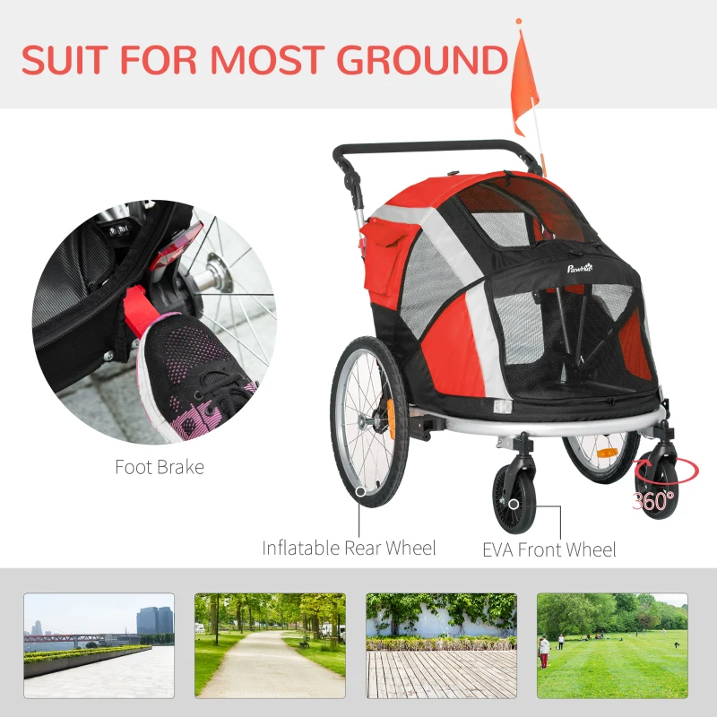 PawHut Dog Bike Trailer 2-in-1 Pet Stroller for Large Dogs Cart Foldable Bicycle Carrier Aluminium Frame with Safety Leash Hitch Coupler Reflector Flag Red