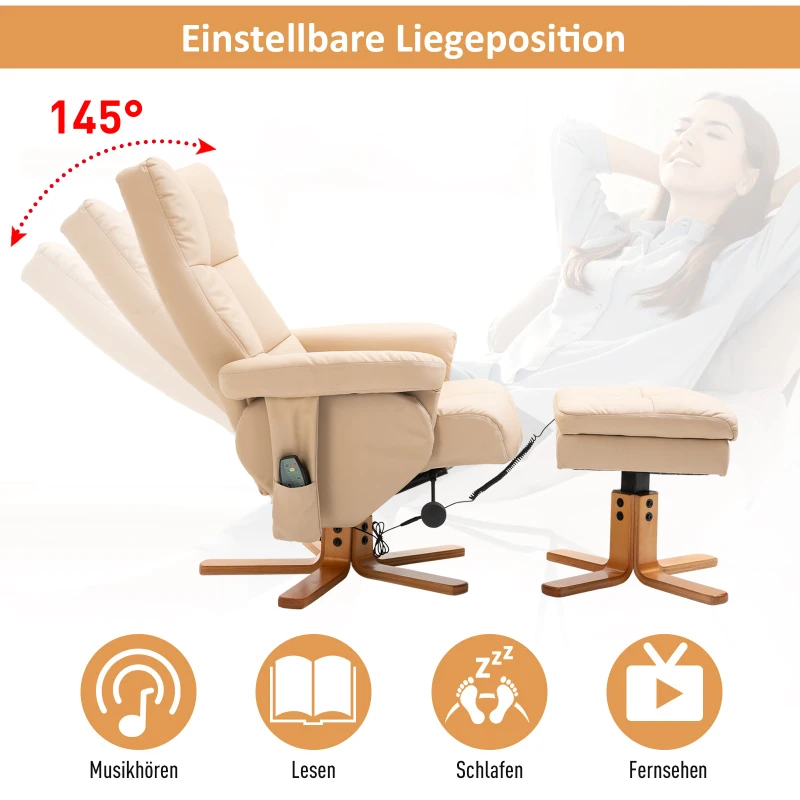 HOMCOM Relaxsessel Massagesessel mit Fußhocker Stauraum Liegefunktion Fernsehsessel mit Massagefunktion TV Sessel 145°-Neigung Polyester Creme 80 x 86 x 99 cm
