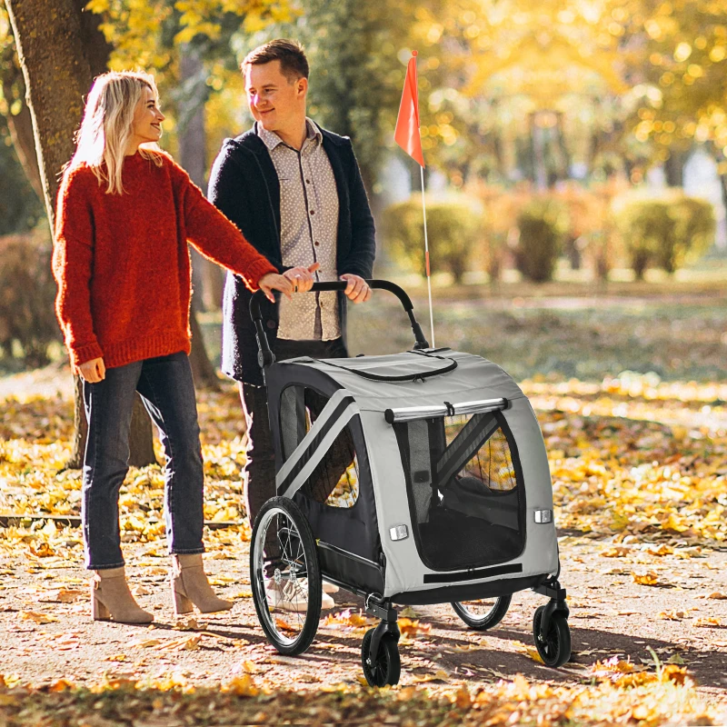 PawHut 2-In-1 Pet Bike Trailer Dog Stroller Pushchair with Universal Wheel Reflector Flag Grey