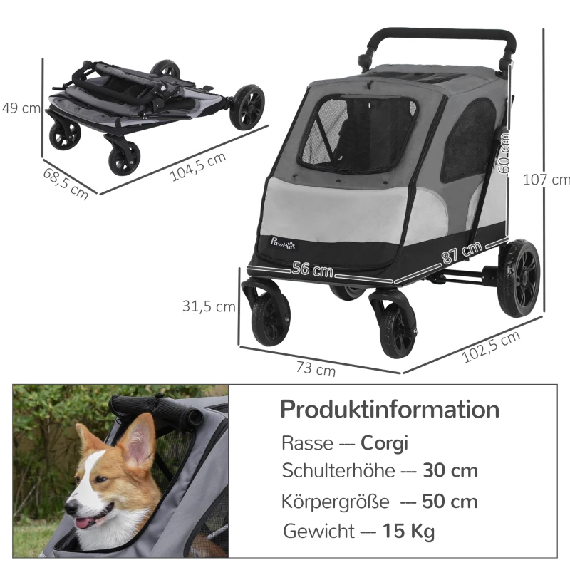 PawHut pet buggy hondenbuggy met 4 wielen hondentrolley voor middelgrote en grote honden inklapbaar Oxford grijs + zwart 104,5 x 68,5 x 110 cm