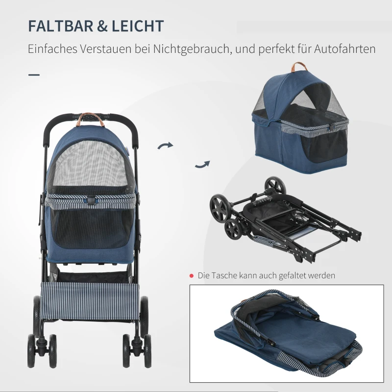 PawHut 2-in-1 hondenbuggy transporttas kattenbuggy met universele demonteerbare wielen hoes Oxford donkerblauw + zwart 76 x 51 x 101 cm