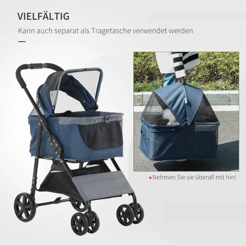 PawHut 2-in-1 hondenbuggy transporttas kattenbuggy met universele demonteerbare wielen hoes Oxford donkerblauw + zwart 76 x 51 x 101 cm