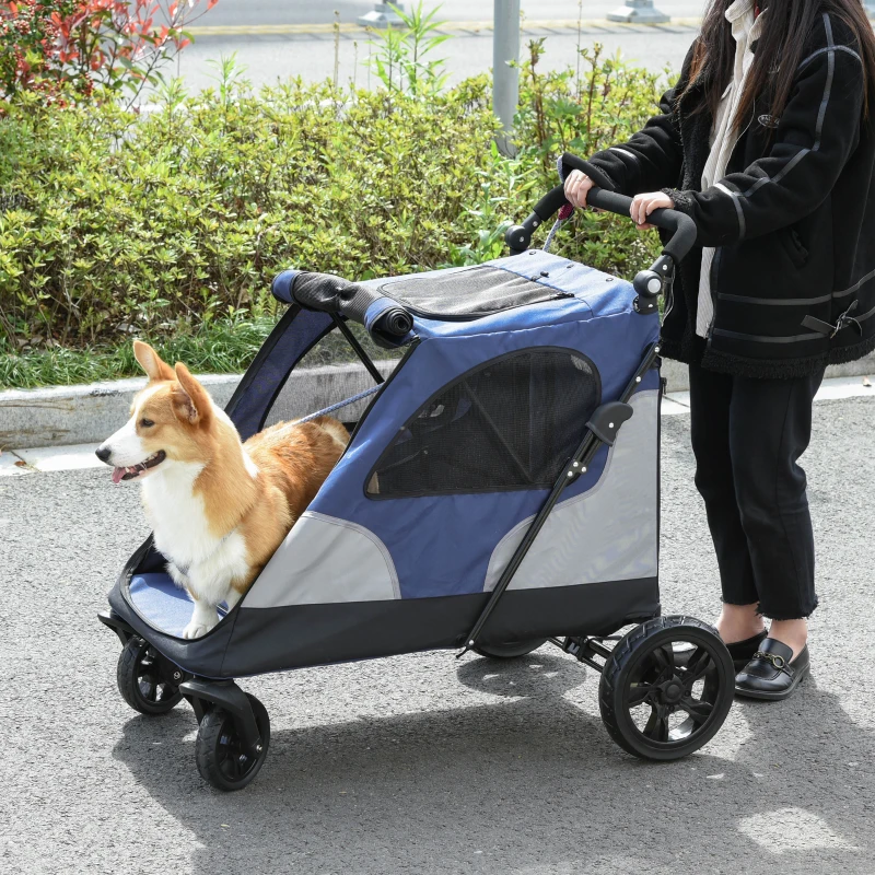 PawHut pet buggy hondenbuggy met 4 wielen hondentrolley voor middelgrote en grote honden opvouwbaar Oxford blauw + zwart 104,5 x 68,5 x 110 cm
