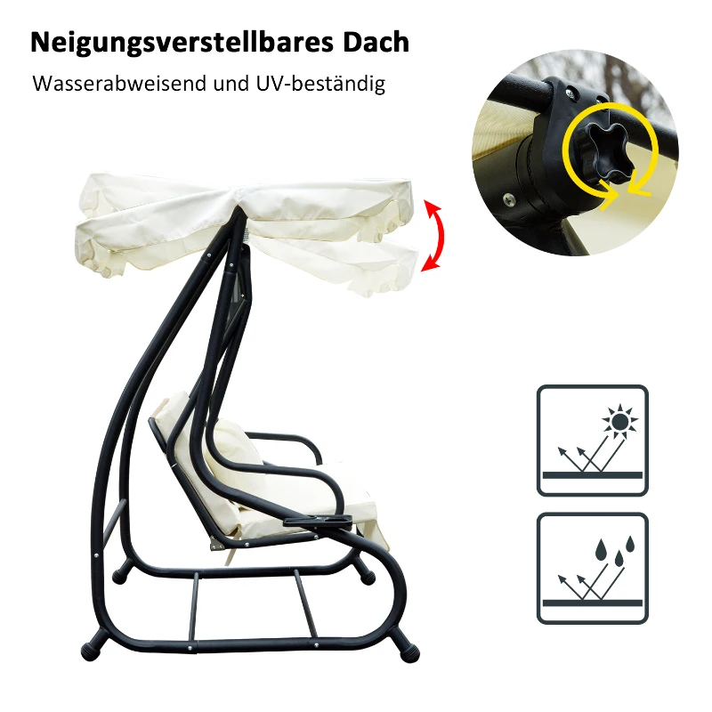 Huśtawka Ogrodowa Outsunny 3-osobowa z Regulowanym Daszkiem, Siedziskiem i Oparciem, Tacką, Ławką do Kołysania, Daszkiem Regulowanym, Stal i Tkanina Poliestrowa, Kremowa, 200 x 120 x 164 cm