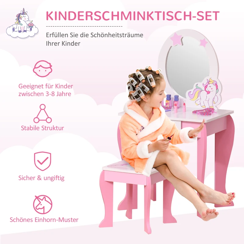 HOMCOM 2-delige kinderkaptafel met kruk kaptafel met lade van MDF-acryl