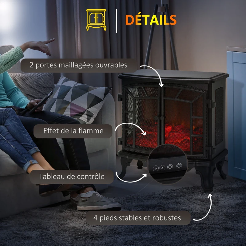 HOMCOM Cheminée Electrique poêle Style néo-rétro 2 Portes télécommande minuterie 1000/2000 W LED luminosité réglable Noir
