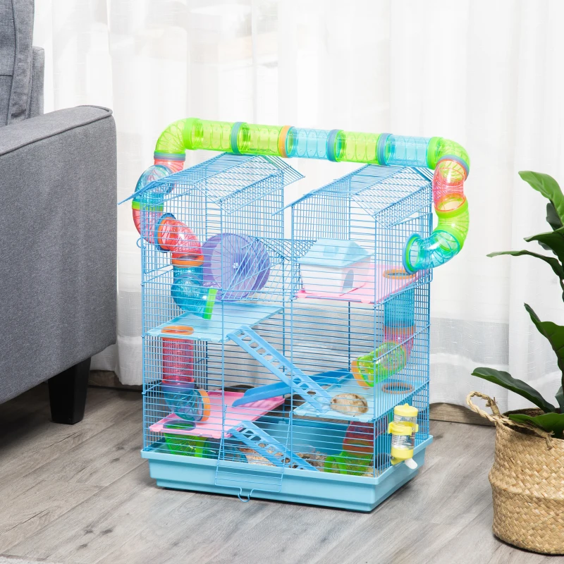 PawHut hamsterkooi multilevel beestenkooi knaagdierkooi muizenkooi, hamsterkooi starterkit, blauw, metaal + PP + PS 47 x 30 x 59 cm muizenkooi hamsterkooi starterkit | Aosom.nl