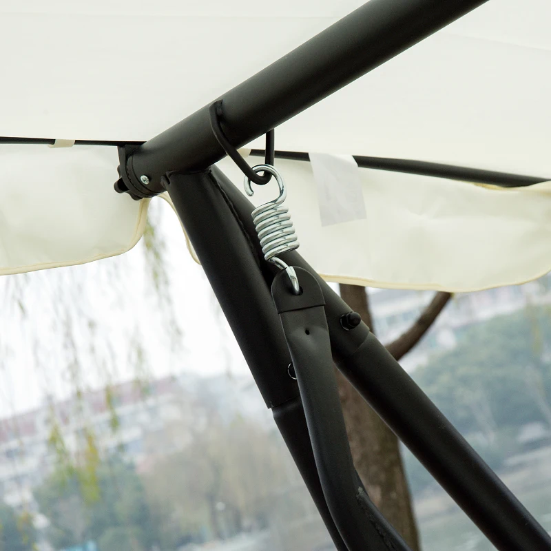 Huśtawka Ogrodowa Outsunny 3-osobowa z Regulowanym Daszkiem, Siedziskiem i Oparciem, Tacką, Ławką do Kołysania, Daszkiem Regulowanym, Stal i Tkanina Poliestrowa, Kremowa, 200 x 120 x 164 cm