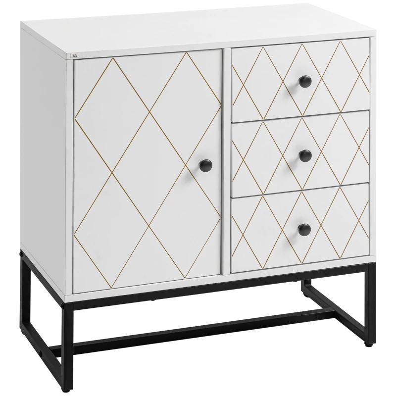 HOMCOM Cassettiera a Rombi con 3 Cassetti e un Armadietto con Ripiano Regolabile, in Acciaio e MDF, 70x35x75 cm, Bianco