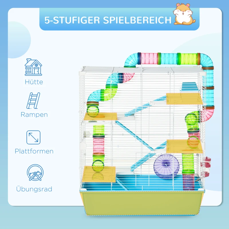 PawHut kleine dierenkooi hamsterkooi muizenkooi met oprit en loopwiel 5-niveau kooi voerbak voor kleine huisdieren drinkfles staaldraad kunststof PS lichtblauw + wit 59 x 36 x 69 cm