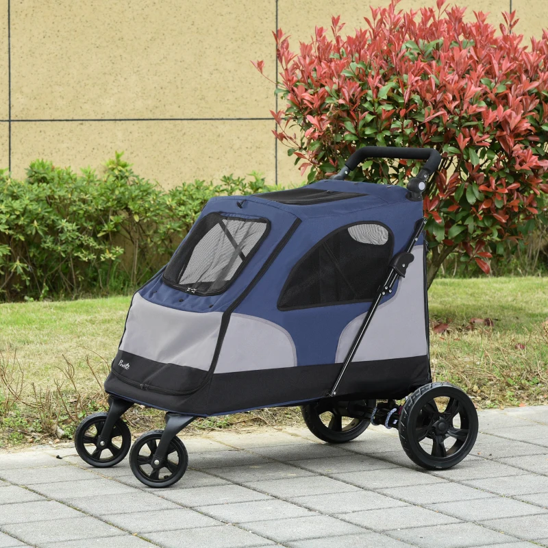 PawHut pet buggy hondenbuggy met 4 wielen hondentrolley voor middelgrote en grote honden opvouwbaar Oxford blauw + zwart 104,5 x 68,5 x 110 cm