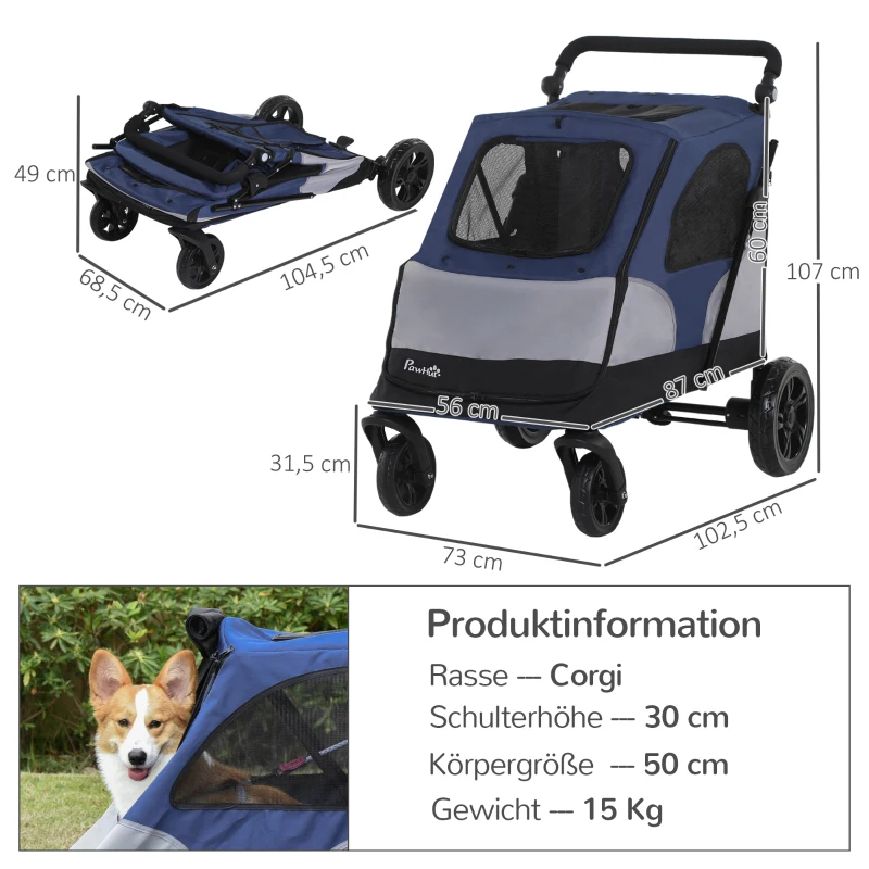 PawHut pet buggy hondenbuggy met 4 wielen hondentrolley voor middelgrote en grote honden opvouwbaar Oxford blauw + zwart 104,5 x 68,5 x 110 cm