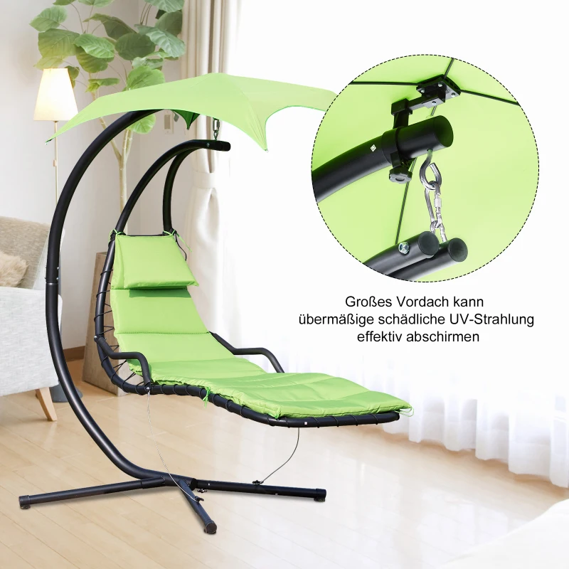 Outsunny Hängeliege mit Sonnendach, Hängesessel mit Kopfkissen, Hängeschaukel, Schwingliege, Metall Polyester, Grün, 190 x 115 x 190 cm