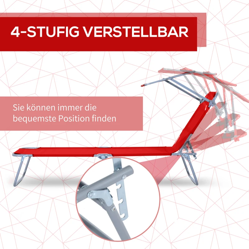 Outsunny Klapbare ligstoel met zonnescherm, verstelbare rugleuning, metalen frame, 187 x 58 x 36 cm, rood