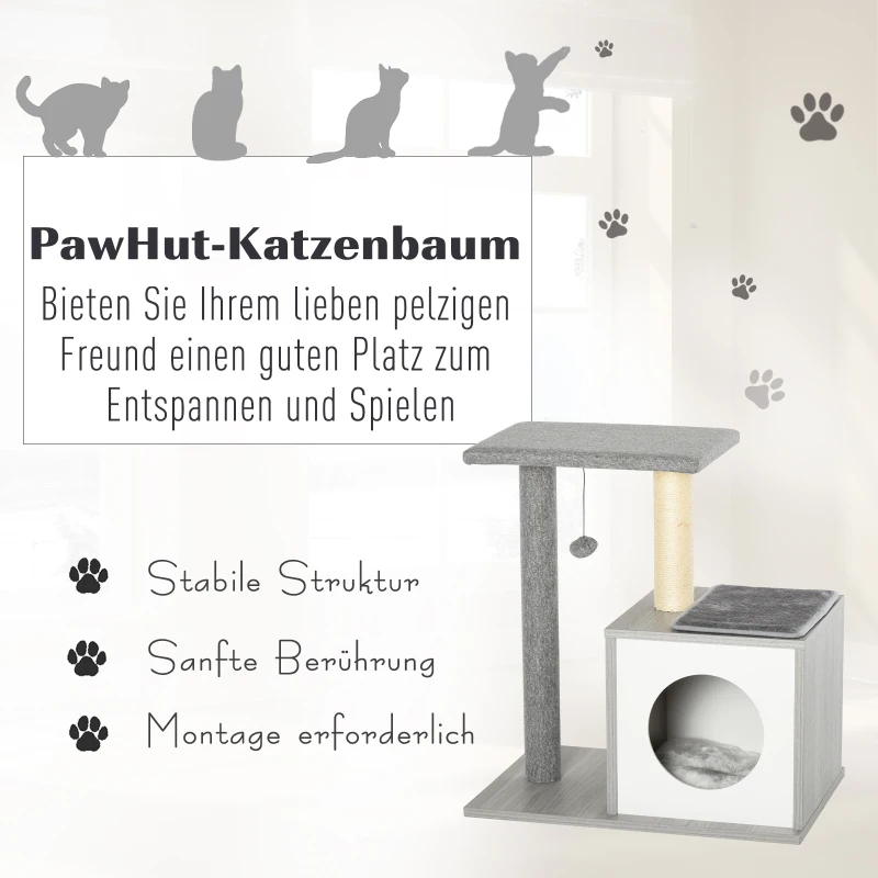 PawHut krabpaal kattenboom klimboom met grot en pluchen kussen E1 spaanplaat grijs
