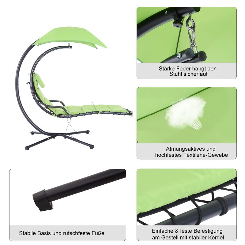 Outsunny Hängeliege mit Sonnendach, Hängesessel mit Kopfkissen, Hängeschaukel, Schwingliege, Metall Polyester, Grün, 190 x 115 x 190 cm