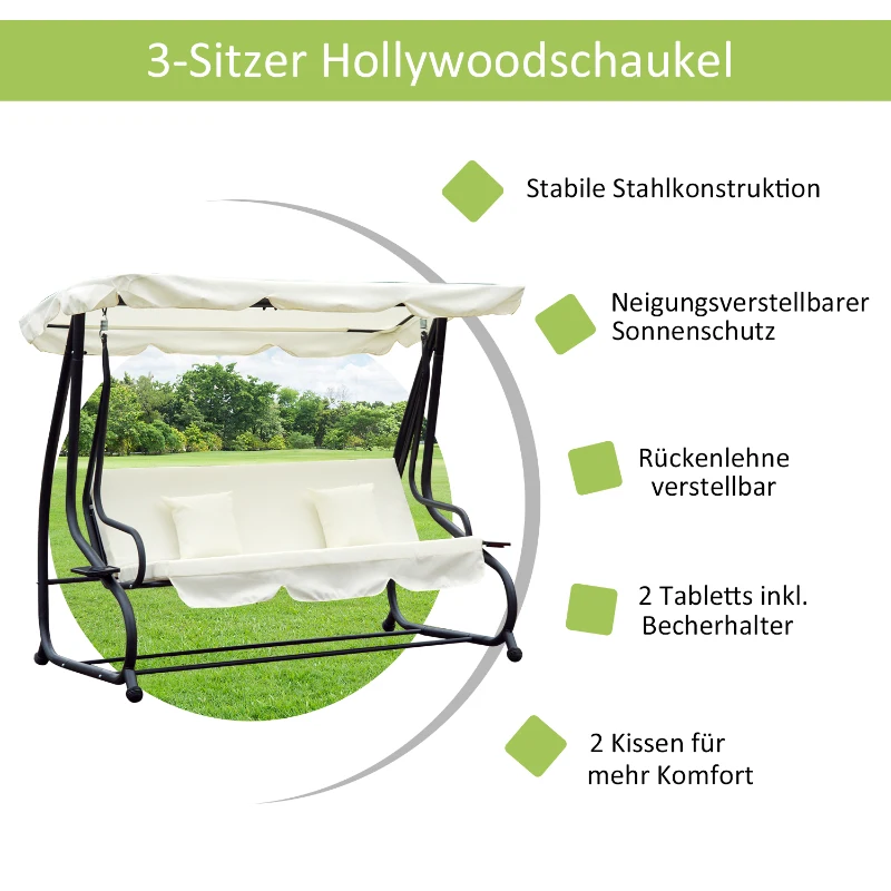 Huśtawka Ogrodowa Outsunny 3-osobowa z Regulowanym Daszkiem, Siedziskiem i Oparciem, Tacką, Ławką do Kołysania, Daszkiem Regulowanym, Stal i Tkanina Poliestrowa, Kremowa, 200 x 120 x 164 cm