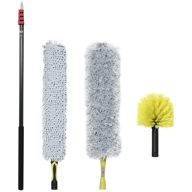 HOMCOM 4 Pieces Extendable Feather Duster with Aluminium Telescopic Pole 69"- 284", Microfiber Duster Cleaning Kit with Bendable Head for Cleaning High Ceiling Fans, Blinds, Cobweb