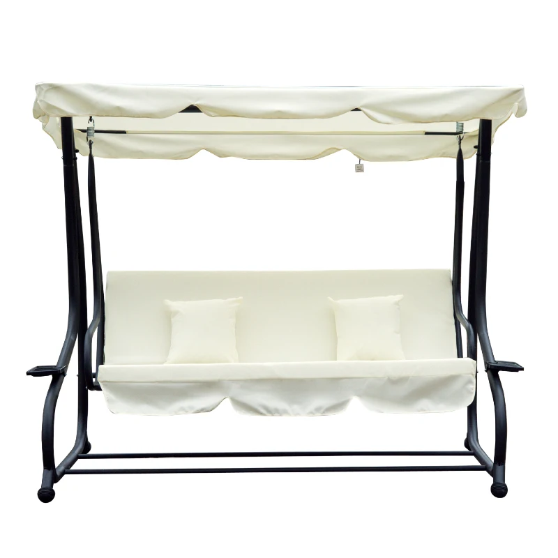 Huśtawka Ogrodowa Outsunny 3-osobowa z Regulowanym Daszkiem, Siedziskiem i Oparciem, Tacką, Ławką do Kołysania, Daszkiem Regulowanym, Stal i Tkanina Poliestrowa, Kremowa, 200 x 120 x 164 cm